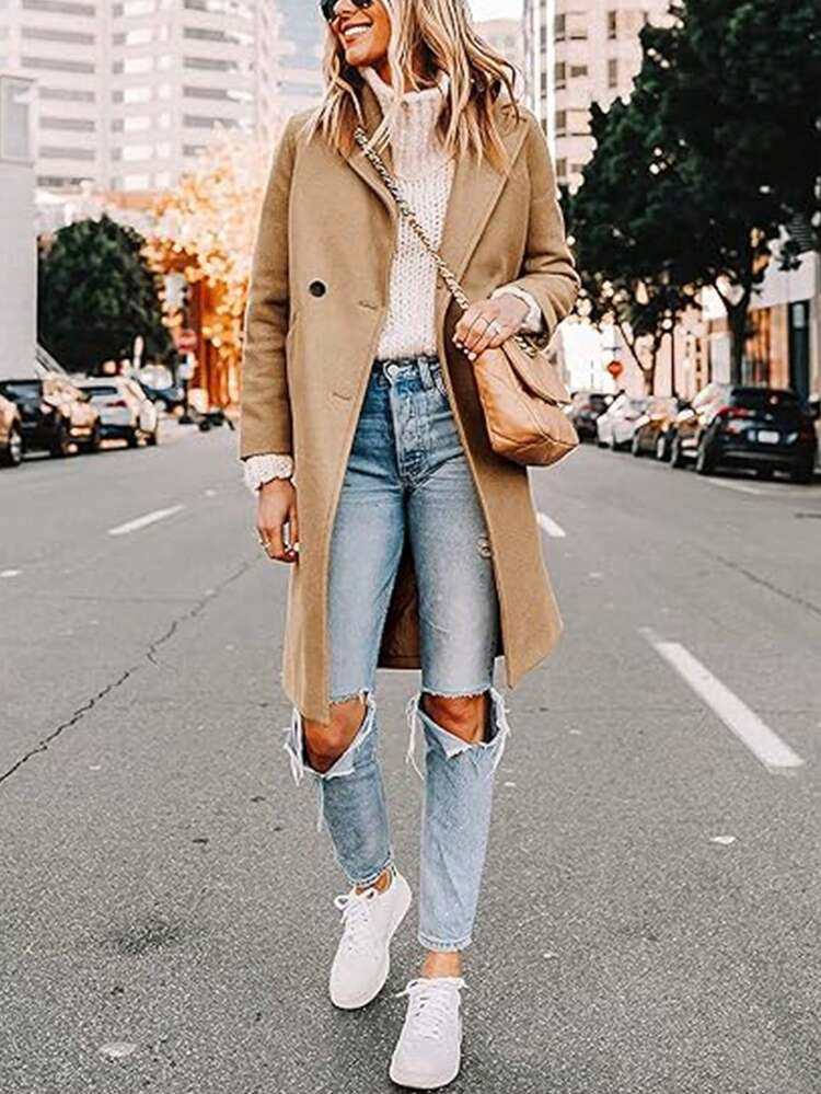 Women's Winter Wool Coat Long Double Breasted Pea Coat With Notch Lapel Fall Casual Chic Trench Coat Outerwear | SHEIN