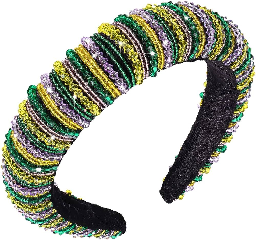 vokone Mardi Gras Beaded Headband Bejewelled Crystal Bead Padded Headband Statement Mardi Gras Co... | Amazon (US)