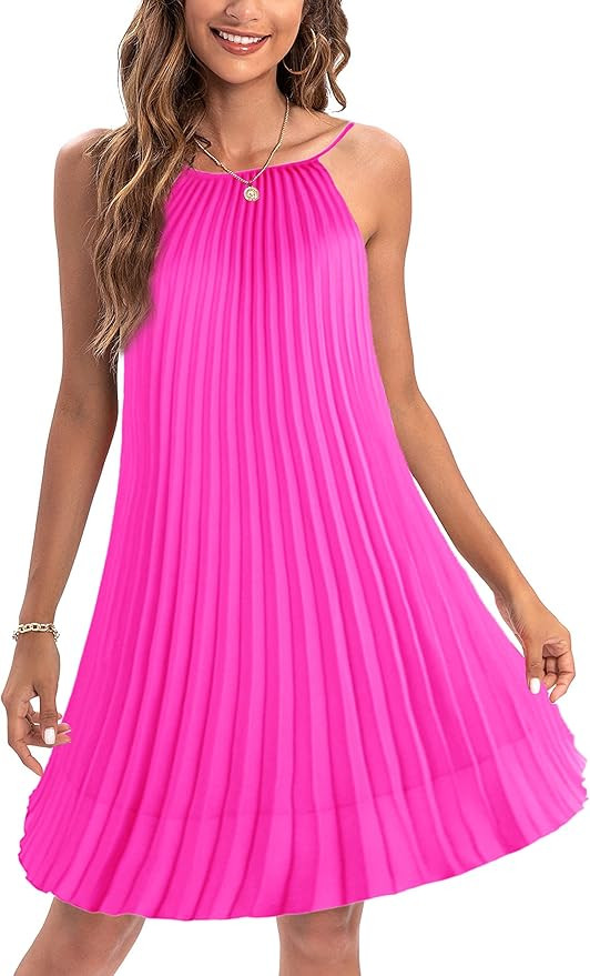 Ellames Women's 2026 Summer Spaghetti Strap Pleated Casual Swing Dress with Belt | Amazon (US)
