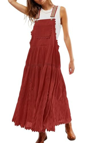 CHARTOU Women Bib Overall Dress Jumper Babydoll Pinafore Dress Embroidered Lace Maternity Straps Suspender Dress (X-Small, Red) | Amazon (US)