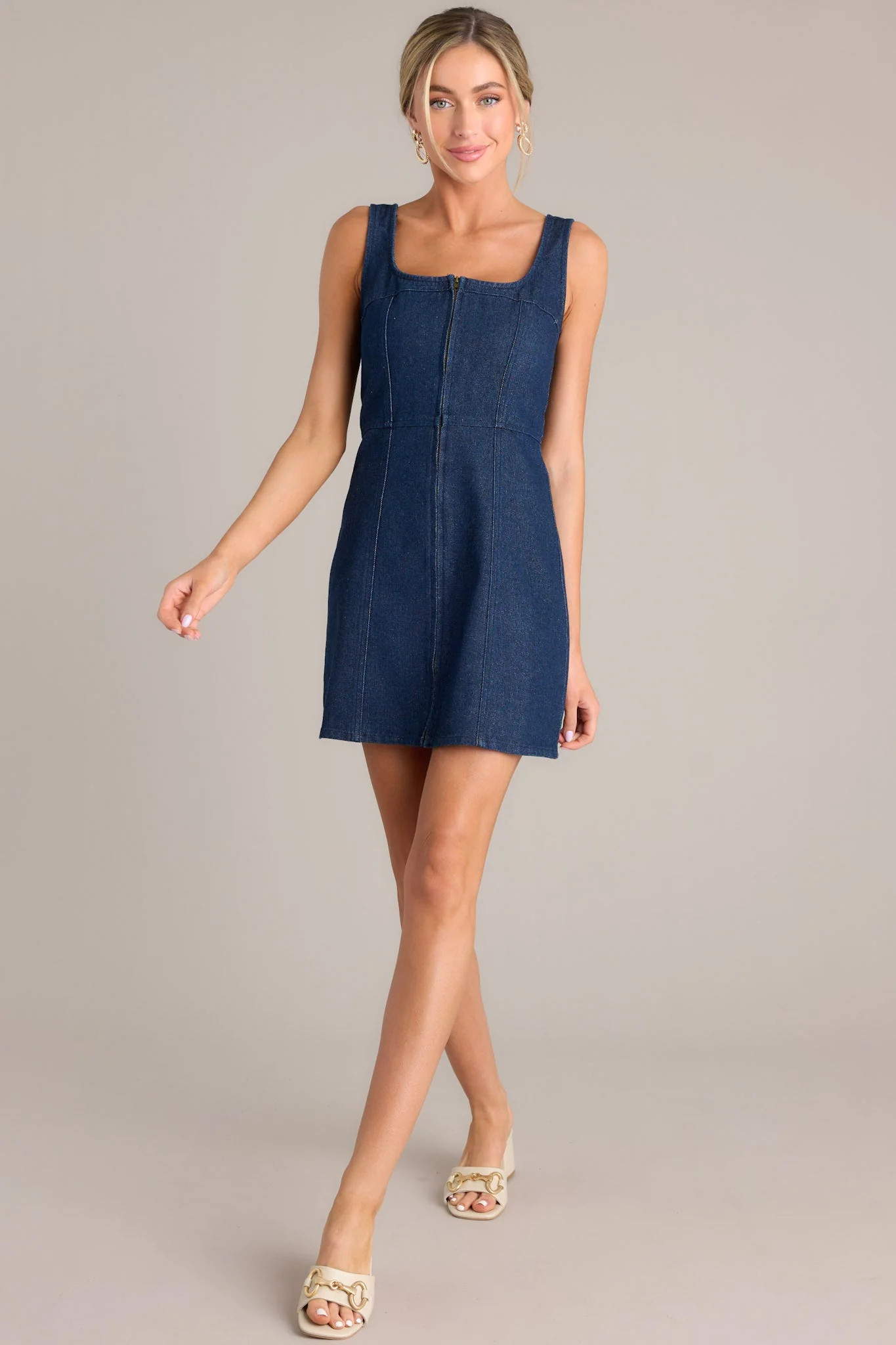 Escaping Shadows Dark Wash Denim Mini Dress | Red Dress