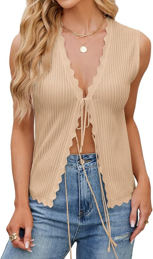 Womens Tank Tops Going Out Vest Tops Sleeveless Shirts Dressy Casual Blouses Scalloped Crochet Ca... | Amazon (US)