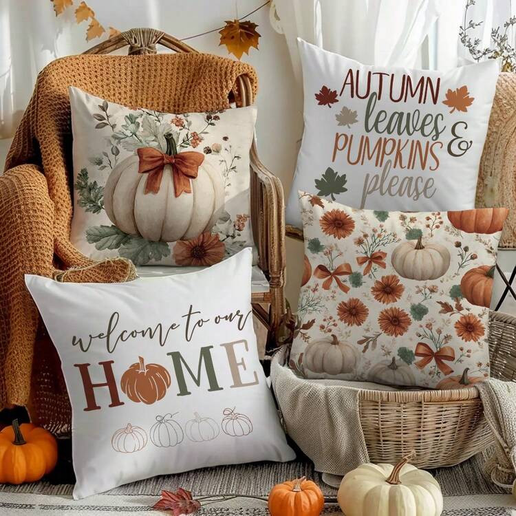 4pcs Vintage Oil Painting Pumpkin & Text Print Pillow Covers [No Pillow Insert], 17.7*17.7in(45*45cm), [Single-Sided Print], Farmhouse Country Style Polyester Throw Pillow Covers For Sofa, Living Room, Bedroom, Car, Office, Hotel, B&B, Ideal Gift For Family & Friends, All Season | SHEIN