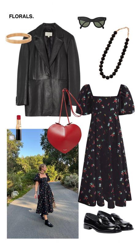 Floral Dress + Leather Blazer + Loafers | Wedding Guest | Red Heart Bag | Black Bead Necklace 

#LTKstyletip #LTKeurope #LTKwedding