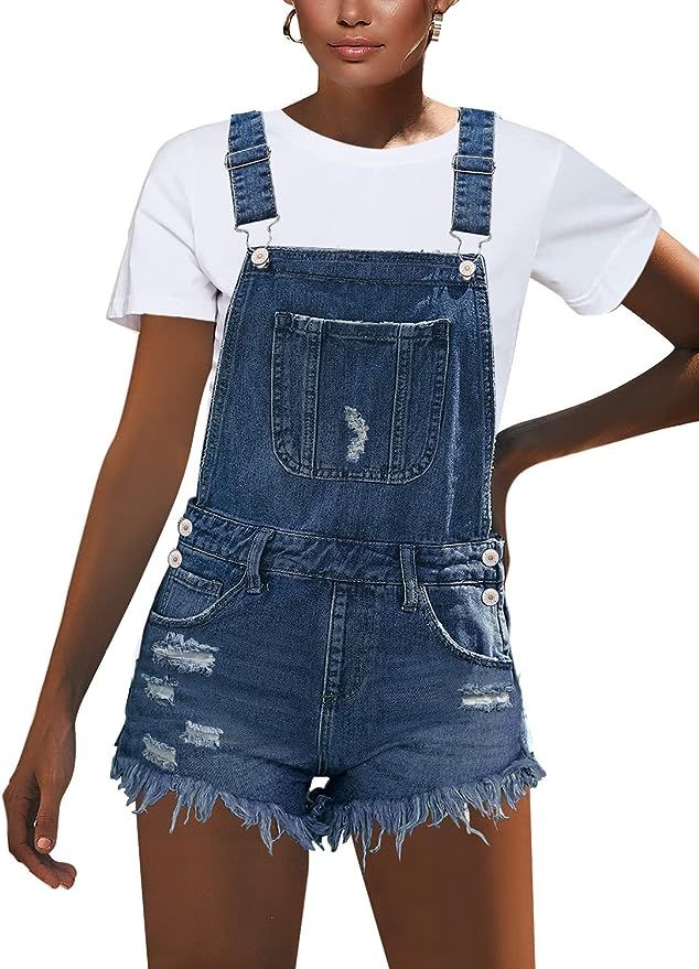 GRAPENT Women's Adjustable Strap Frayed Raw Hem Denim Bib Overalls Jeans Shorts | Amazon (US)