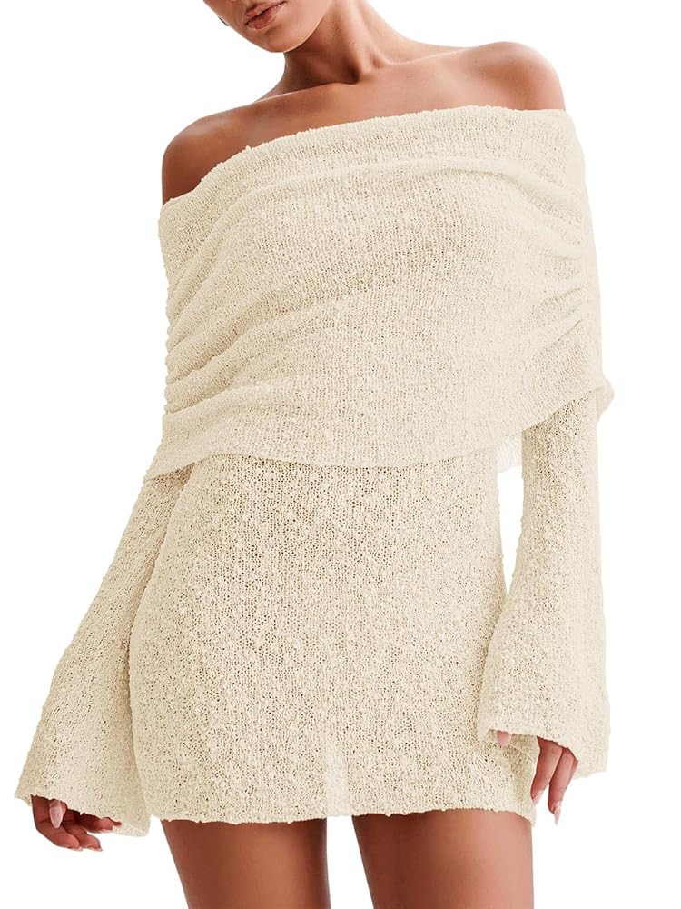 Imily Bela Womens Beach Swimsuit Cover Ups Summer Off The Shoulder Long Bell Sleeve Sheer Mini Dr... | Amazon (US)