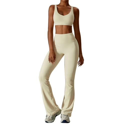 LCZYMEN Yoga Set Women's Gym Yoga Suit Tight Fitting Sports Set T Shirts Bra Tank Top Loose Bell-Bottoms-Bra Suit Apricot-L | Amazon (US)