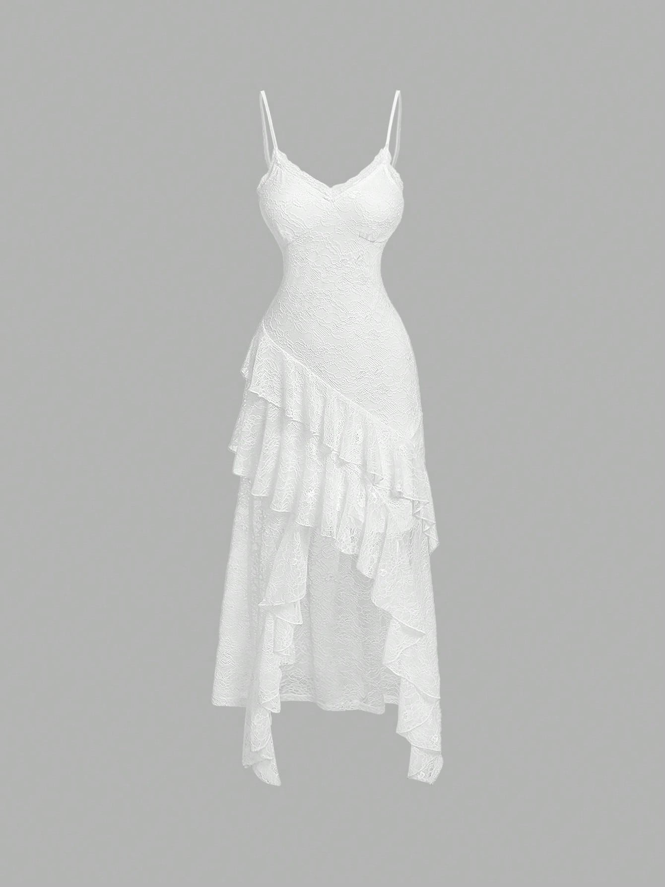 SHEIN MOD Asymmetrical Hem Lace Spaghetti Strap Dress With Ruffle Trim,
Graduation White Dress,
D... | SHEIN