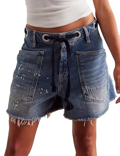 Mewunan Women's Moxie Barrel Jean Shorts 2026 Summer Casual Drawstring Baggy Denim Shorts Y2K Raw... | Amazon (US)