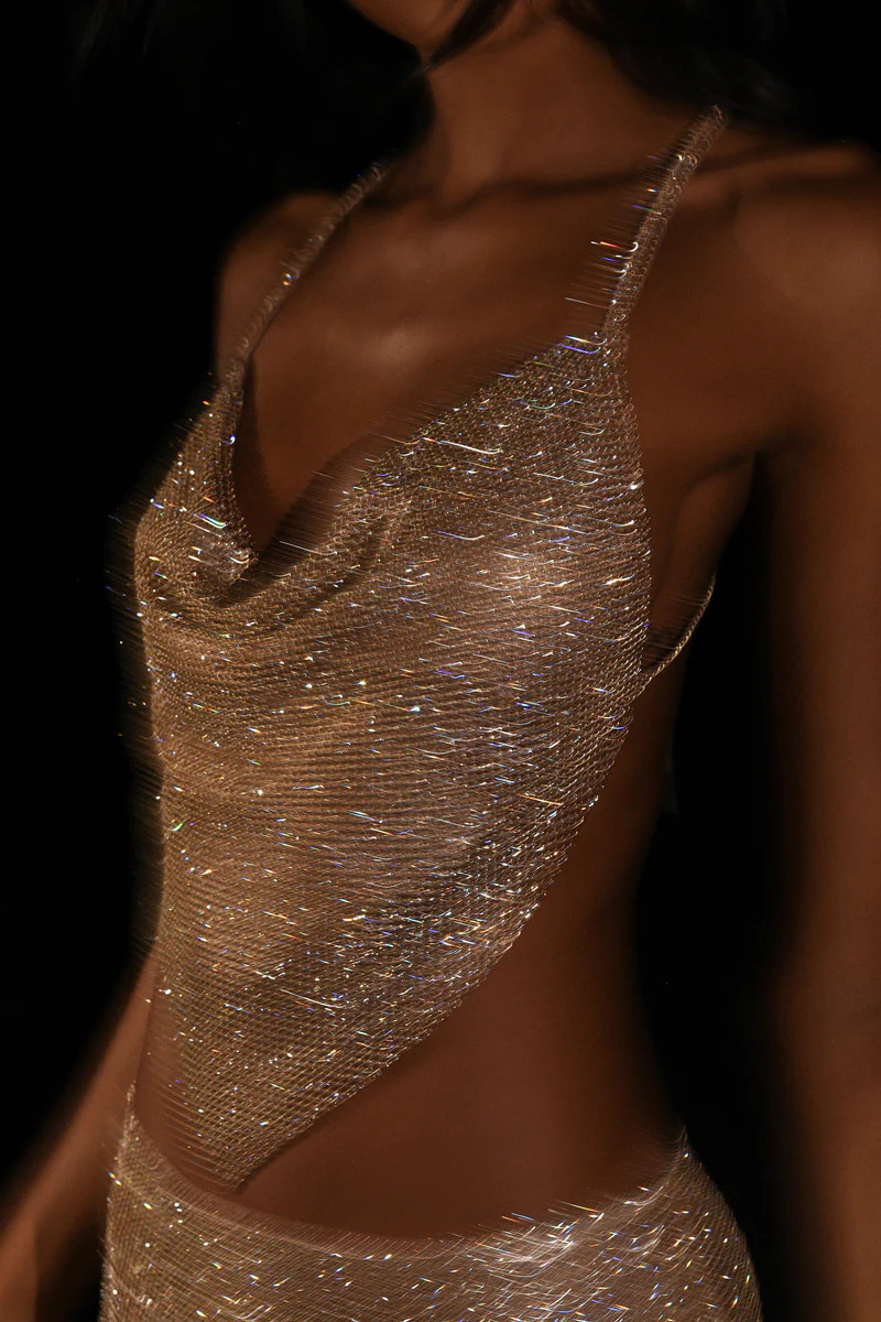 Daphne Diamante Cowl Neck Halter Top - Gold | MESHKI US