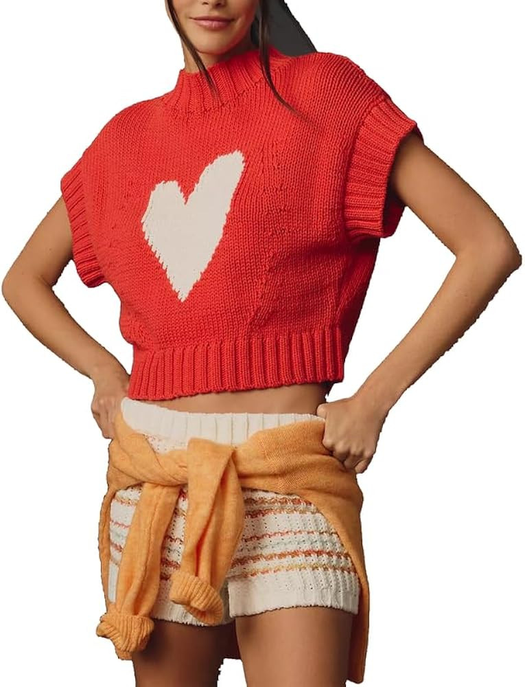 Women Knit Cropped Sweater Vest Cap Sleeve Mock Neck Cute Vest Valentine's Day Heart Pullover Swe... | Amazon (US)