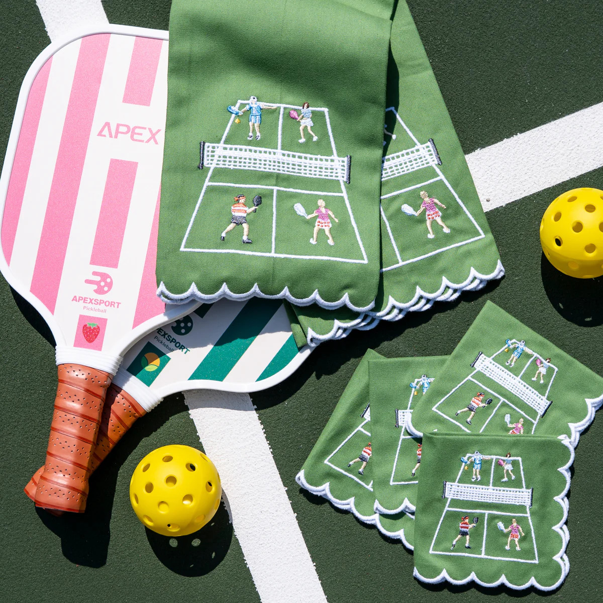 Day at the Courts Pickleball Tea Towels – Embroidered Green Cotton | Pomegranate