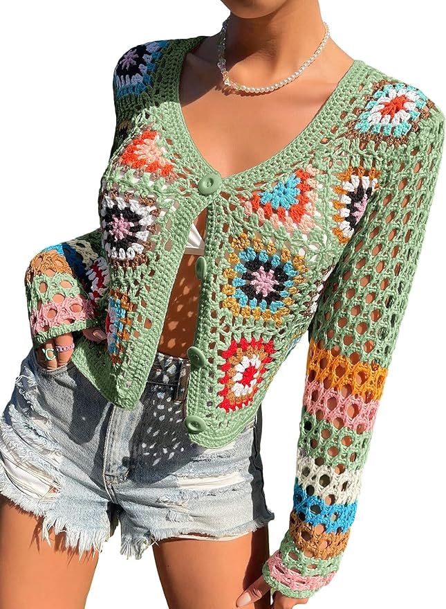 MakeMeChic Women's Crochet Beach Cover Up Button Front Hollow Out Cardigan Sweater | Amazon (US)