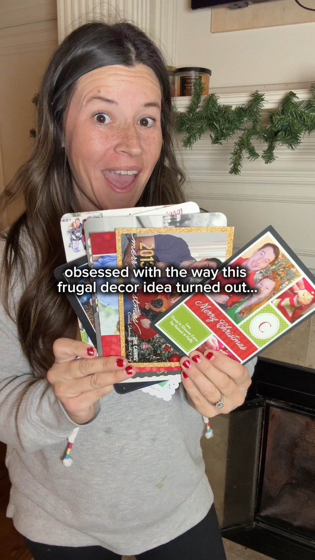 And yes we put our pet gerbils on our first Christmas card…don’t worry about it. 😆🤭

A new favorite mantle idea that costs almost nothing.

I used $1.25 ribbon from Dollar Tree, punched a small hole in the corner of each Christmas card, and tied them onto a simple garland I already had. That’s it. And somehow… it might be my favorite holiday DIY this year.

It instantly makes your garland look fuller, more personal, and so cozy.

Use whatever you have:
• old family Christmas cards
• Santa photos
• kids’ holiday artwork
• or even the new cards that come in throughout December

I love being able to see all 14 years of our Christmas cards in one place. It’s such an easy tradition to keep, and it makes the whole room feel extra magical without spending money.

Comment CARDS and I’ll send you the link to the Christmas cards we love. 

#christmasdecor #christmasdiy #holidaymantle #frugalhome #frugalliving #budgetfriendlydecor #dollartreediy #garlanddecor #christmascards #holidaytraditions #cozychristmas #simplechristmas #makingfrugalfun #holidayinspo #christmasathome #momhacks #holidayhomedecor #christmas2025 #mantledecor #easychristmascrafts

#LTKHoliday #LTKHome #LTKSeasonal