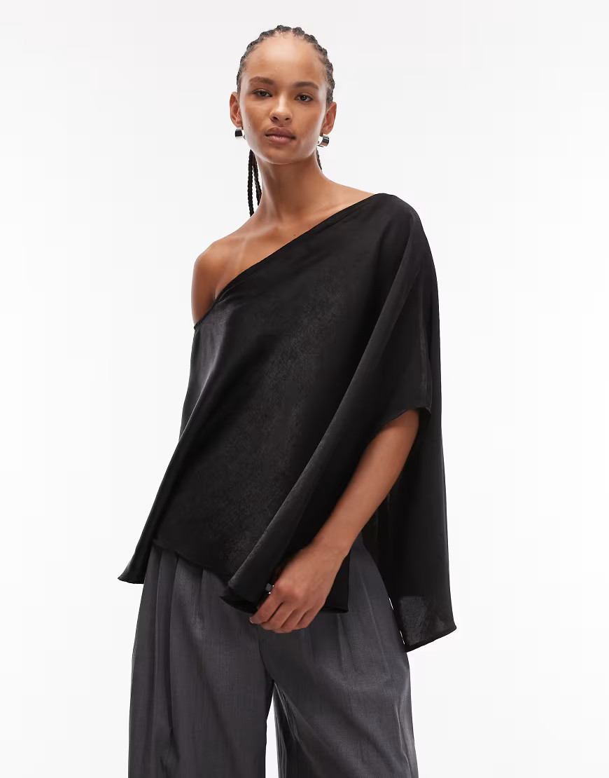 ASOS DESIGN satin one shoulder cape top in black | ASOS (Global)