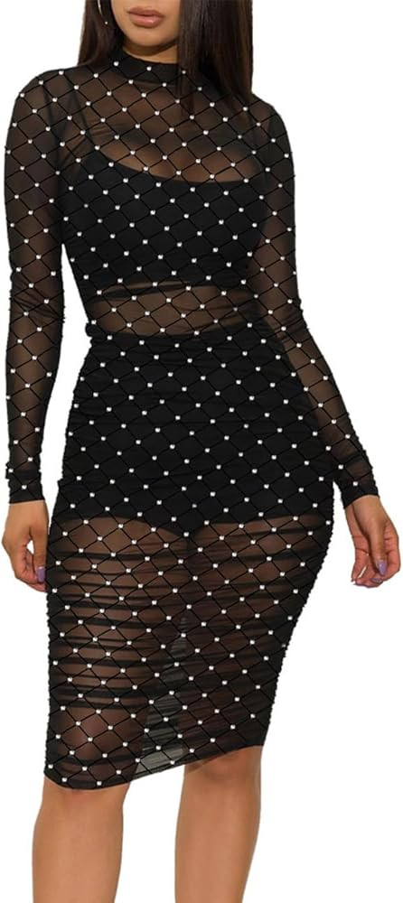 Lrady Women's Sexy Mesh Dress Short Sleeve Bodycon Party Club Night Dress 3 Piece Set Outfits wit... | Amazon (US)