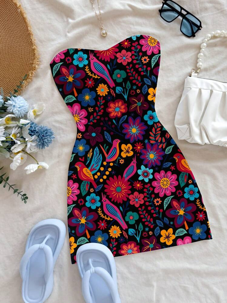Soleia Colorful Retro Pattern Vintage Style Casual Vacation Sexy Cute Y2K Coconutgirl Boho Vacation Bohemian Plus Size Women Mini Dress, Suitable For Summer | SHEIN