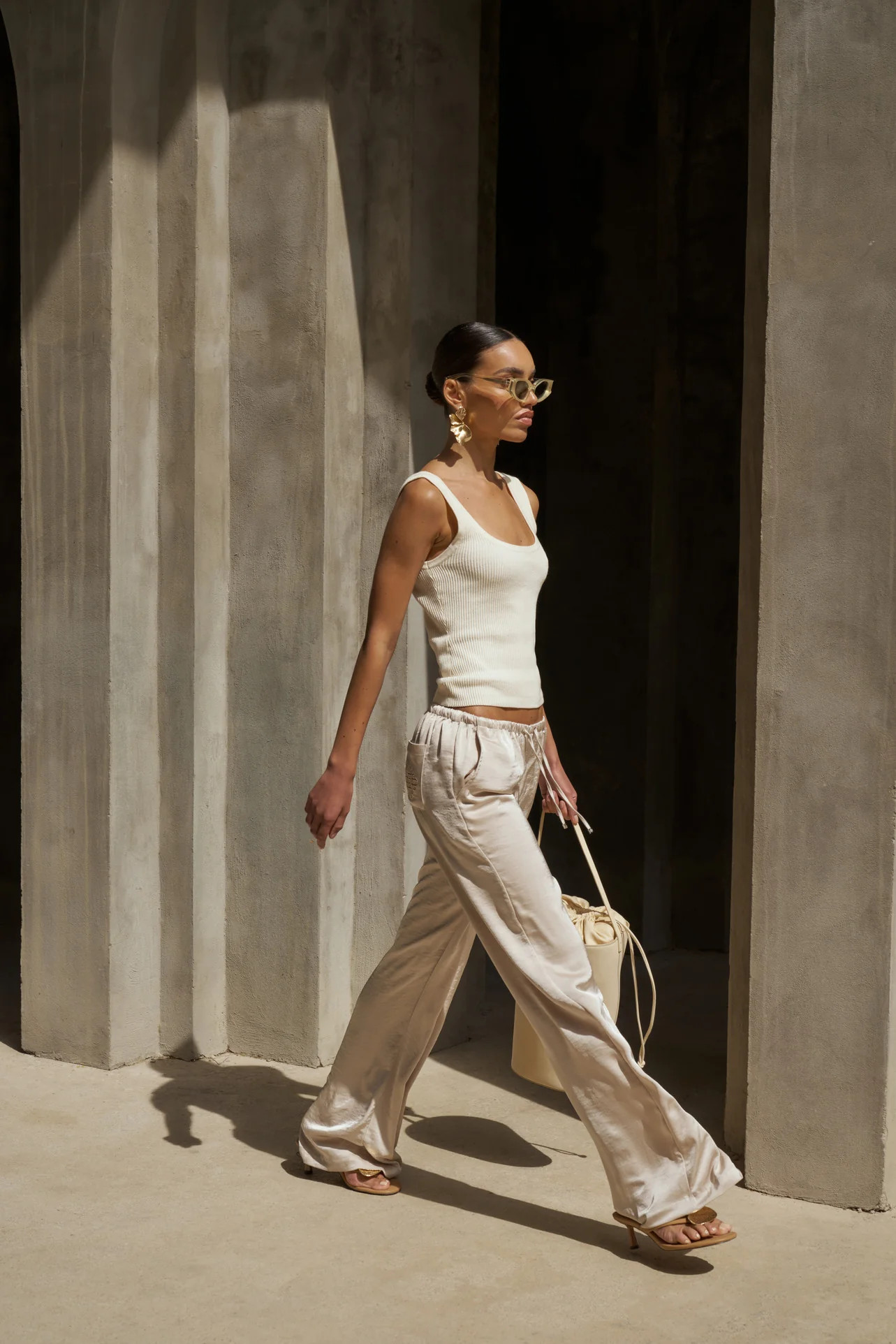 SATIN WIDE LEG EMBLEM TROUSERS - BEIGE | The Couture Club