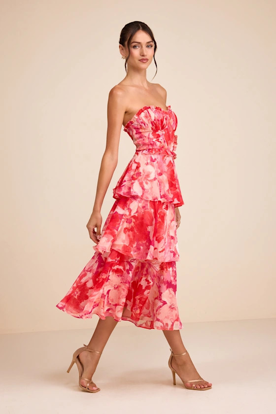 Vaya Red Multi Floral Tiered Midi Dress | Pink Floral Dress | Amazon Floral Dress Amazon | Lulus