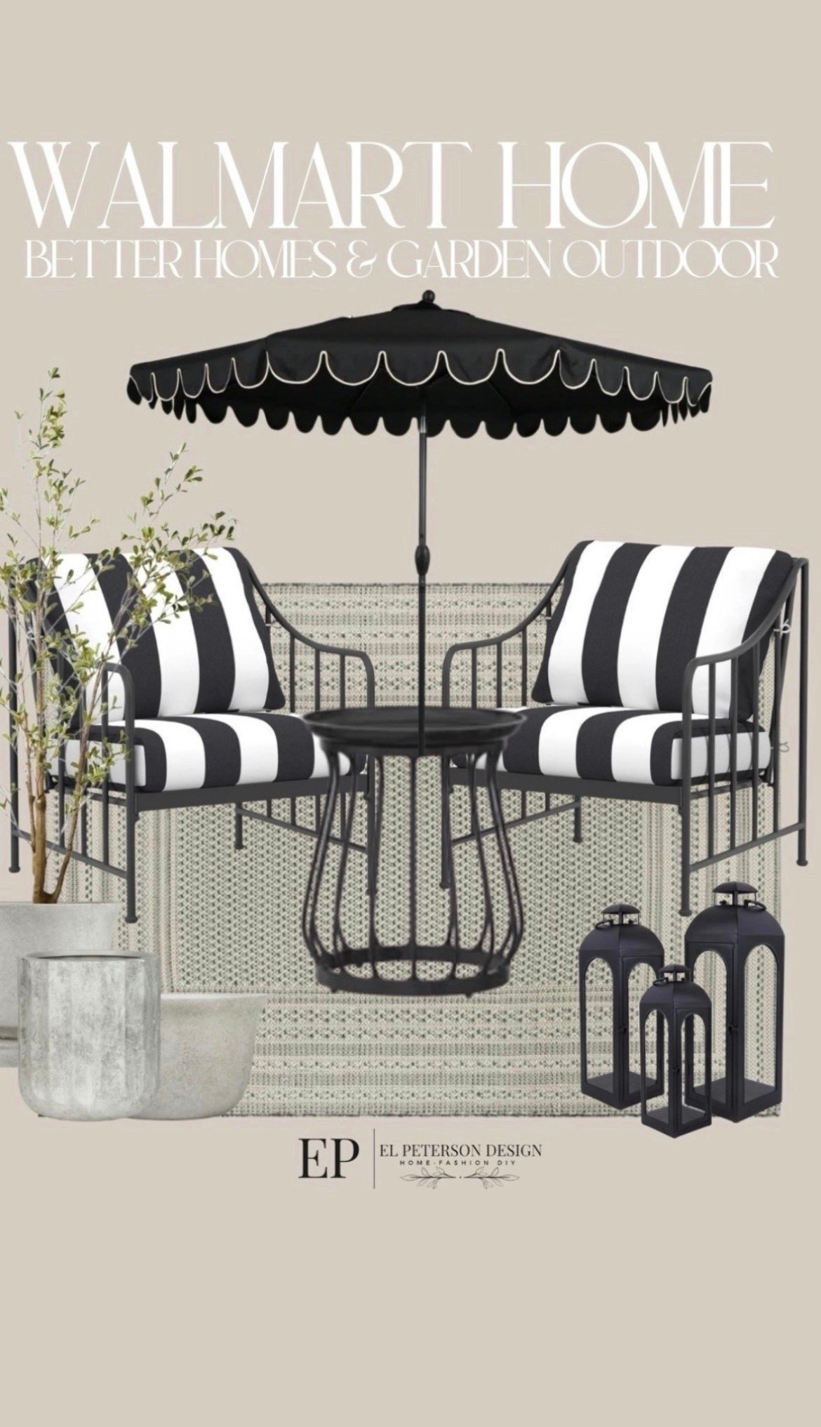 Walmart
Outdoor umbrella
Conversational set
Floor lantern
Planters
Faux olive tree

#LTKHome