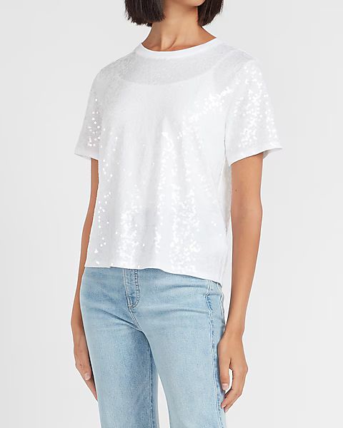 Sequin Crew Neck Skimming Tee | Express