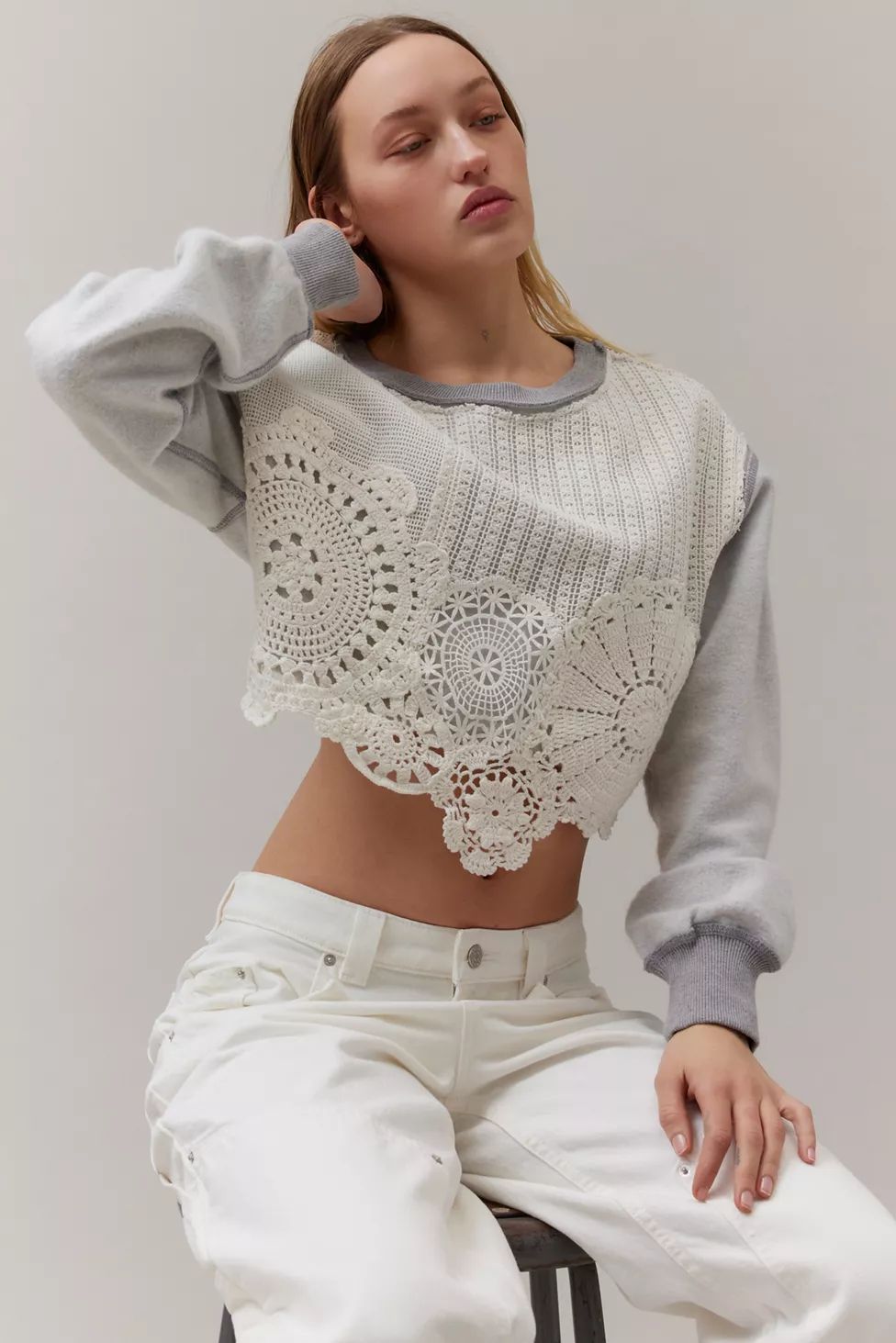 Kimchi Blue Maryn Doily Cropped Crew Neck Sweatshirt | Urban Outfitters (US and RoW)