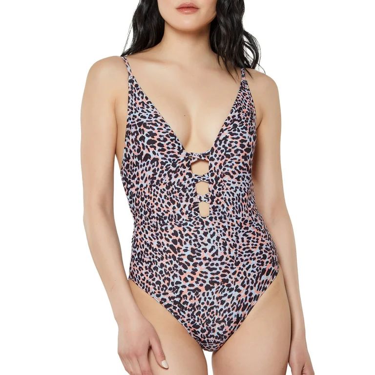 JS Jessica Simpson Women's Groovy Leopard Lace Up Plunge One Piece Swimsuit | Walmart (US)
