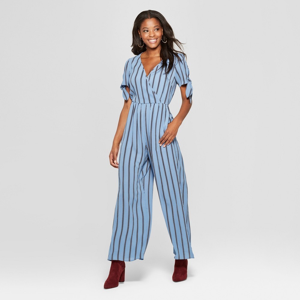 Women's Striped Short Sleeve Tie Sleeve Wrap Jumpsuit - Xhilaration Light Blue S | Target