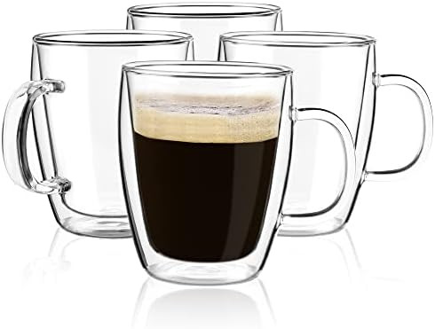 Double Wall Glass Coffee mugs, (4-Pcak) 16 Ounces-Clear Glass Coffee Cups with Handle,Insulated Coff | Amazon (US)