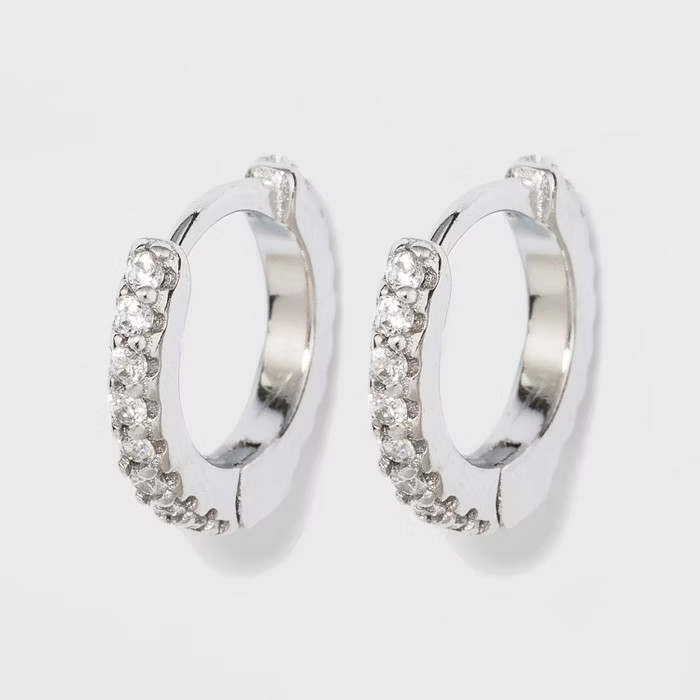 Prong Set Pave Cubic Zirconia Huggie Hoop Earrings - A New Day™ Silver | Target