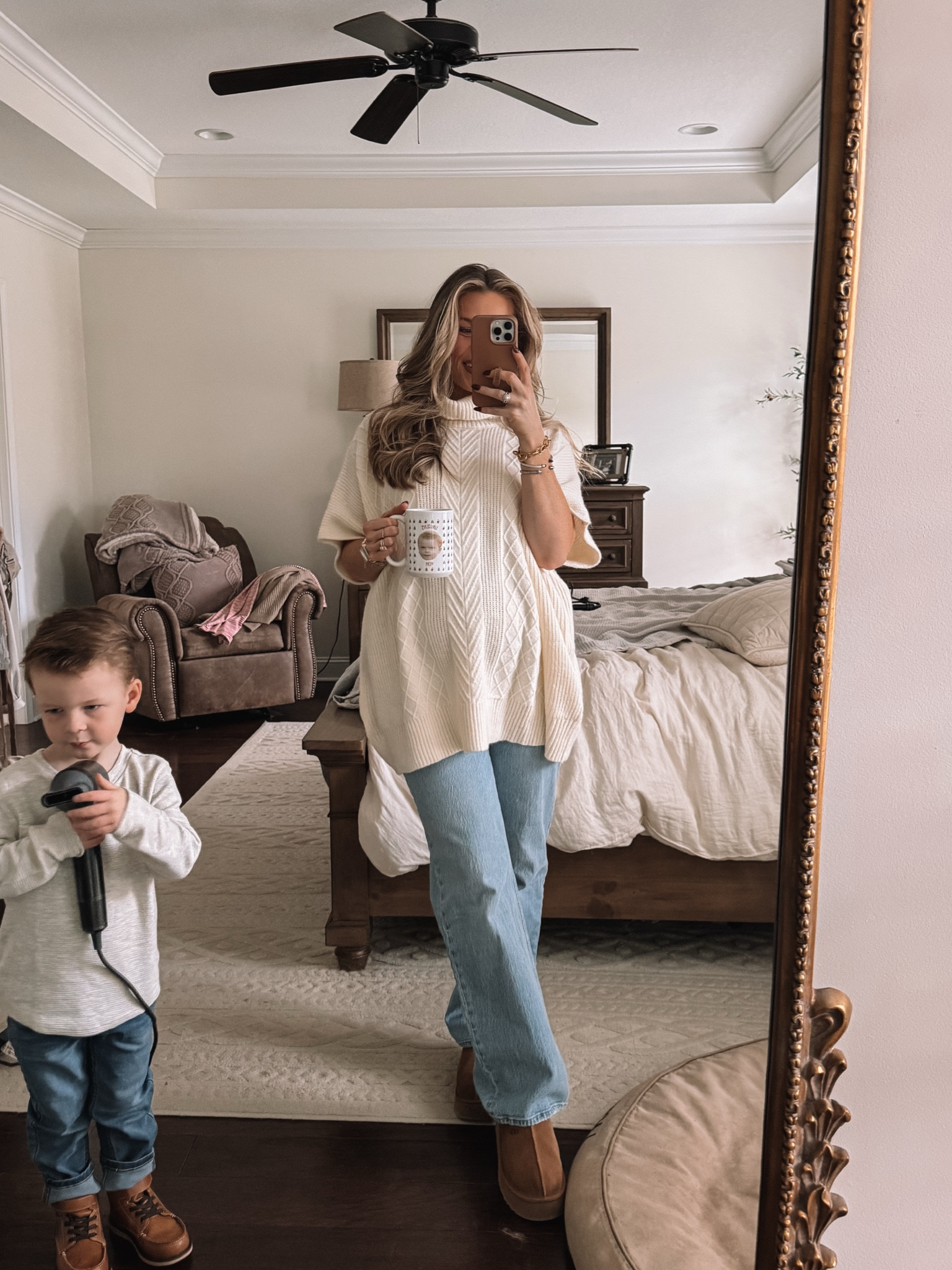 Sunday best but make it comfy! 🤍 Headed to church in my fave maternity jeans (TTS pre-pregnancy size) and UGG Tazz slippers (sized up 0.5). Cozy and bump-friendly! #OOTD 

#LTKStyleTip #LTKBump