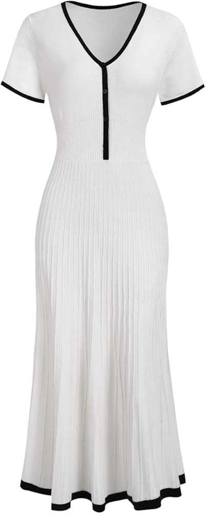 Women Knit Summer Dress V Neck Crop Top Midi Pleated Dresses Casual Beach Outfit for Office | Amazon (US)
