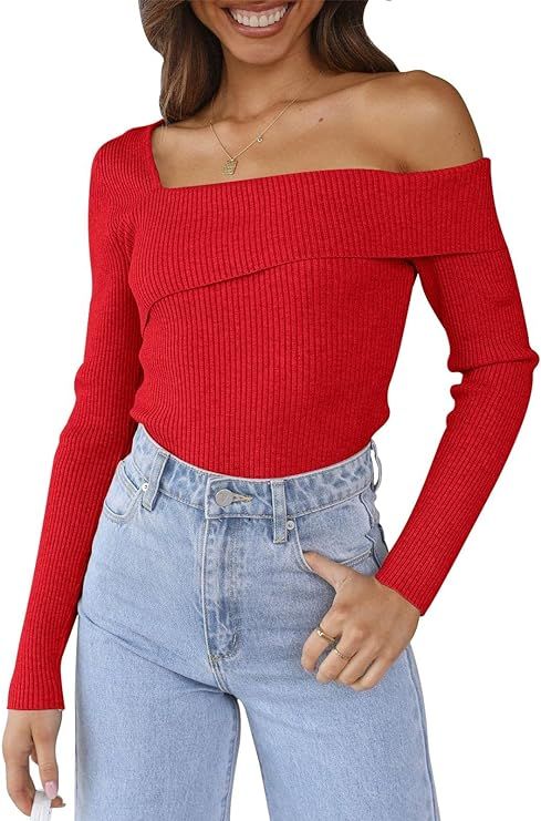 Prinbara Women's Off Shoulder Ribbed Knit Crop Wrap Casual Long Sleeve Solid Sweater Pullover Top | Amazon (US)
