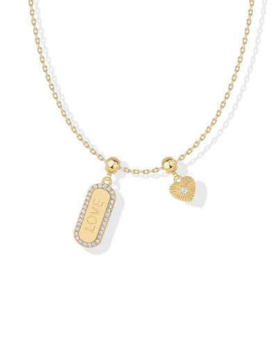 PAVOI 14K Yellow Gold Plated Cute Cubic Zirconia Pendant Necklaces with Charms Set, Hypoallergenic Adjustable Chain Dainty Gold Charm Necklace for Women, Trendy Dog Tag Love Mantra Pendant Gift | Amazon (US)