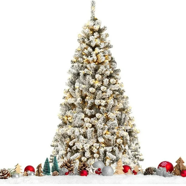 Gymax 6 FT Pre-Lit Christmas Tree Snow Flocked Hinged Pine Tree w/ Metal Stand | Walmart (US)