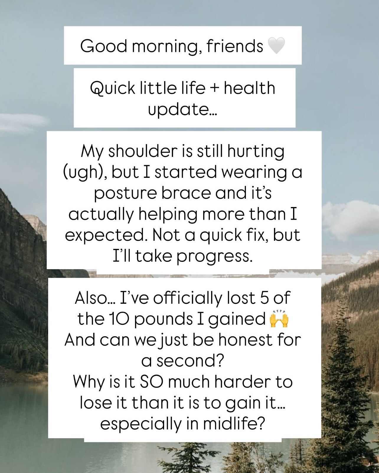 Good morning, friends 🤍

Quick little life + health update…

My shoulder is still hurting (ugh), but I started wearing a posture brace and it’s actually helping more than I expected. Not a quick fix, but I’ll take progress.

Also… I’ve officially lost 5 of the 10 pounds I gained 🙌  
And can we just be honest for a second?  
Why is it SO much harder to lose it than it is to gain it… especially in midlife?

It’s taken me a full month of consistency, patience, and not giving up on myself on the days I wanted to. So if you’re in that same place right now—you’re not alone, and you’re not doing anything wrong.

And I promise you… we’re not shrinking ourselves over here.  
We’re learning how to dress the body we have right now with confidence.

Which brings me to what’s coming…

✨ Outfit Physics is coming (and it’s GOOD)  
✨ New Walmart hauls you do NOT want to miss  
✨ Belly-friendly, confidence-building pieces that actually work

Stay close… this next round is going to help so many of us feel like ourselves again 💛

#LTKPlusSize #LTKOver40 #LTKMidsize