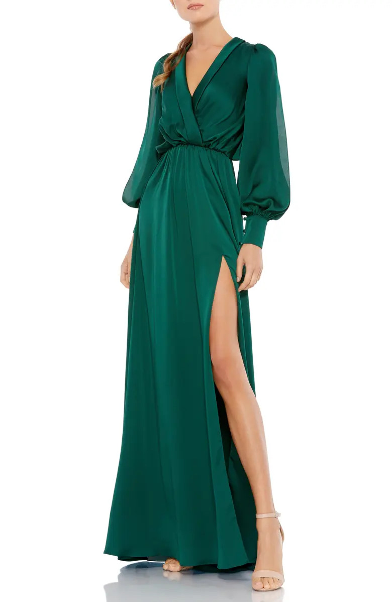Ieena for Mac Duggal Split Long Sleeve Faux Wrap Satin Gown | Nordstrom | Nordstrom