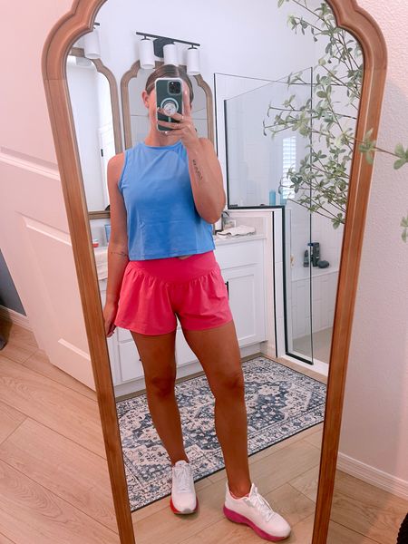Todays workout fit - true to size small tank / small shorts but really wish I would’ve done M. They run short! Looove the crossover waist. // these sneakers are my favorite for weight lifting days because of how flat they are! Great cushion, too. I don’t wear them for walks or runs - just heavy weightlifting days!