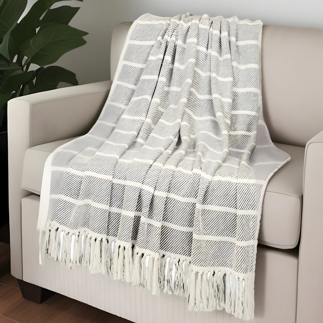 Gray Woven Cotton Striped Throw Blanket | Shop Simon