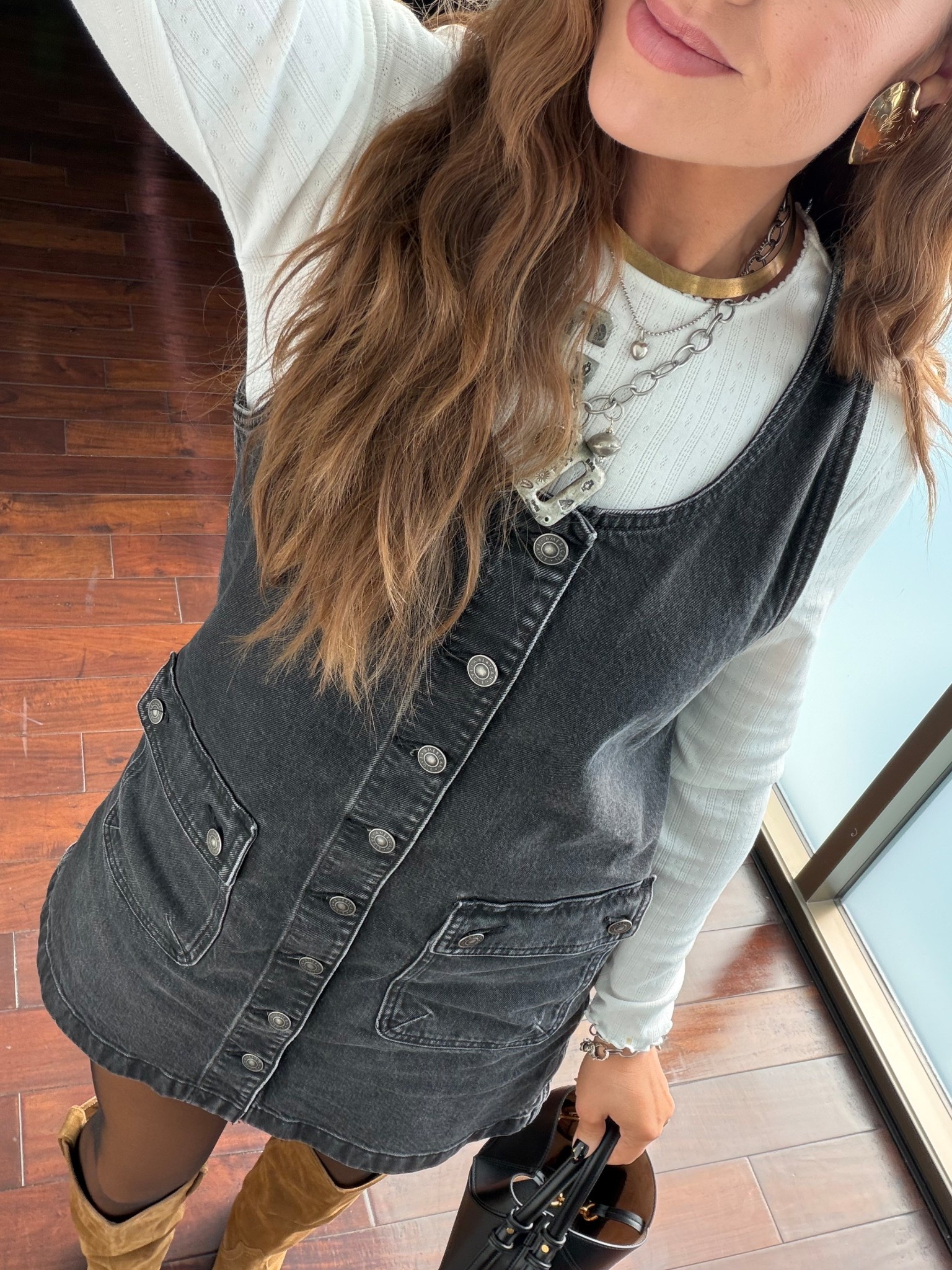 Daytime fall winter outfit pinafore dress over tights and cowboy boots transitional western country concert

Gold collar necklace is from November Maker
Heart earrings are from Zara
Other silver necklaces are vintage

#LTKTravel #LTKOver40 #LTKootd