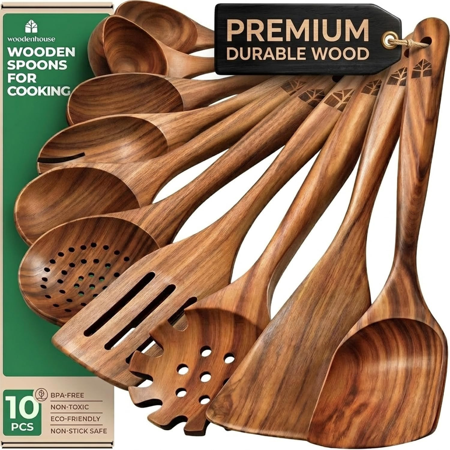 Wooden Spoons for Cooking – 10 Pcs Non Toxic Teak Kitchen Utensils Set | Amazon (US)