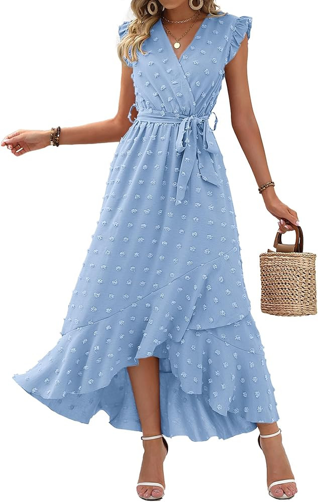 BTFBM Women V Neck Summer Dress 2025 Cap Sleeve Swiss Dot Boho Flowy Ruffle Slit Beach Party Long... | Amazon (US)