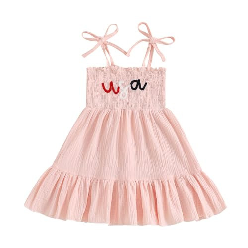 Kuriozud 4th of July Toddler Girl Outfit Fourth of July USA Spaghetti Strap Dress Kids Little Girl Independence Day Clothes (Pink USA, 4-5 Years) | Amazon (US)