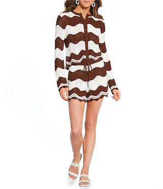 x Stephanie Covington Camille Scalloped Stripe Crochet Cardigan & Short Set | Dillard's