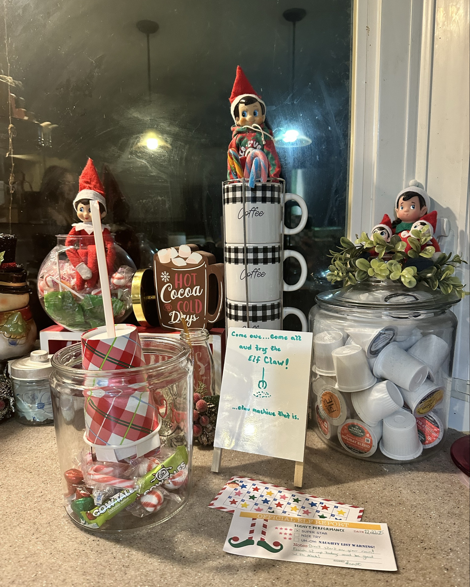 Elf on the Shelf idea!!!

Elf claw machine! This one was fun and pretty easy to whip up and we had the stuff at home already! Just 2 paper cups, a straw and some tape will make the claw. Then you need any jar or bowl and some loose candy. So easy and it was such a hit! 

#LTKKids #LTKHoliday #LTKSeasonal