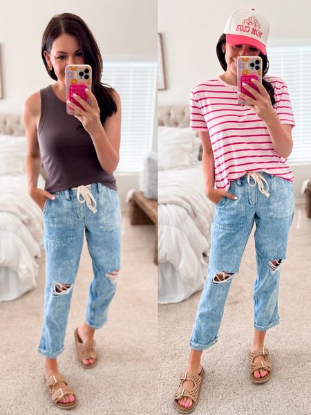 Old Navy fitted tank tops in a size medium
Striped tee in a size medium 
Put on pants in a small — run big so if you’re between sizes go down
Everything from gap is 40% off currently 

#LTKSaleAlert #LTKSeasonal #LTKFindsUnder50