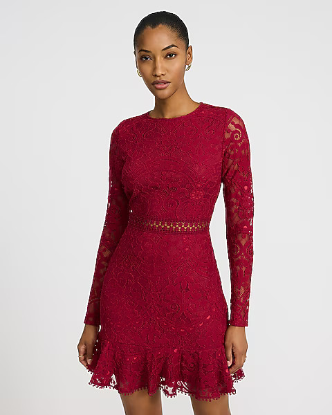 Lace Crew Neck Long Sleeve Ruffle Mini Dress | Express