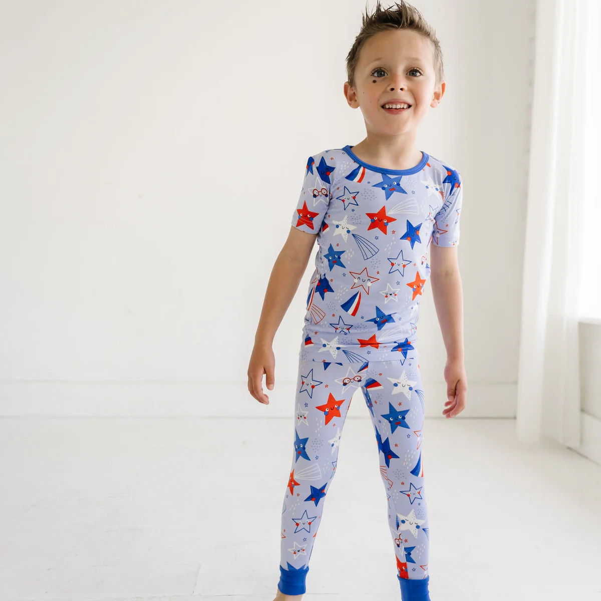 Blue Stars & Stripes Two-Piece Short Sleeve Bamboo Viscose Pajama Set | Little Sleepies