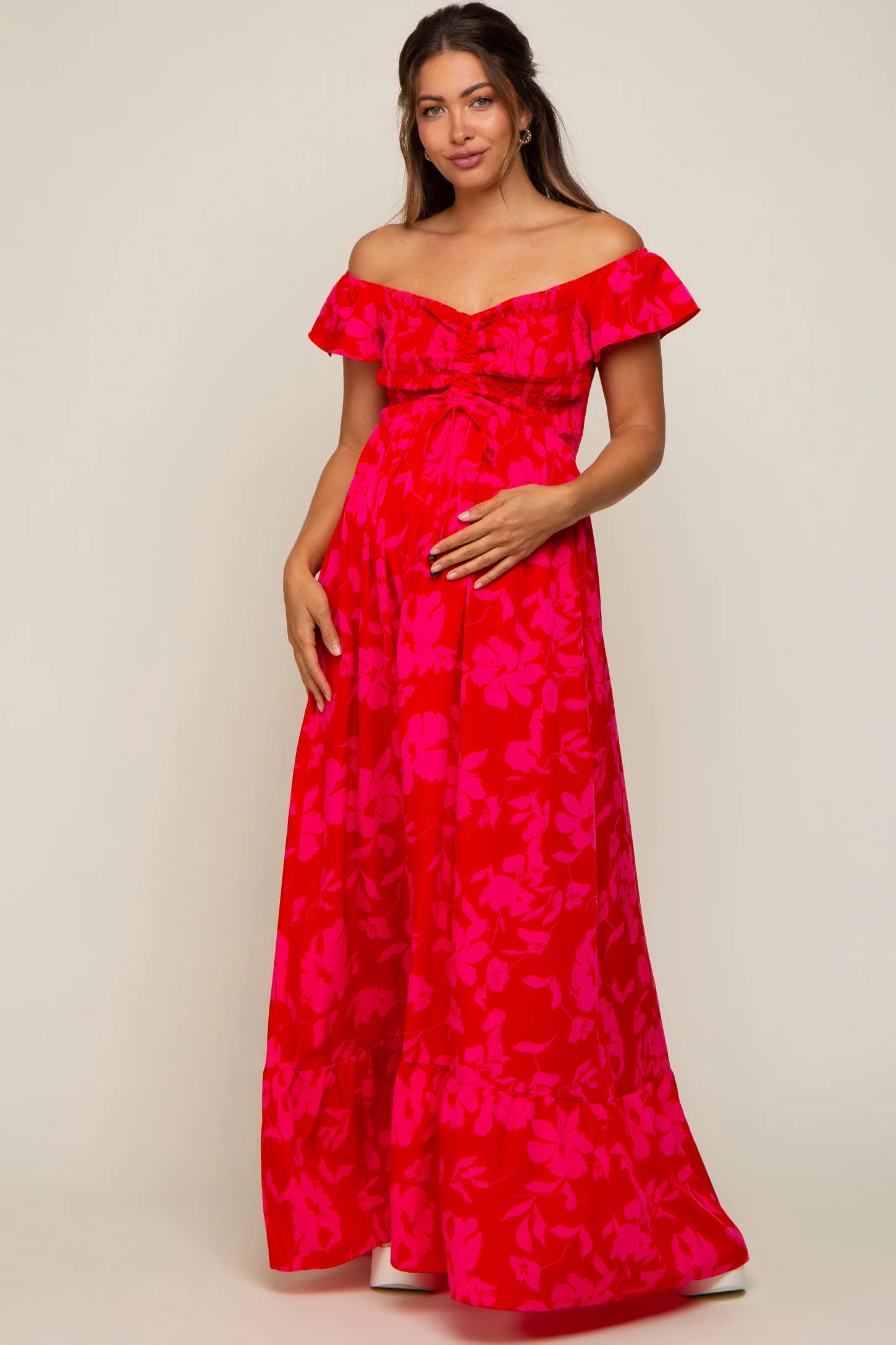 Magenta Floral Smocked Cinched Top Maternity Maxi Dress | PinkBlush Maternity