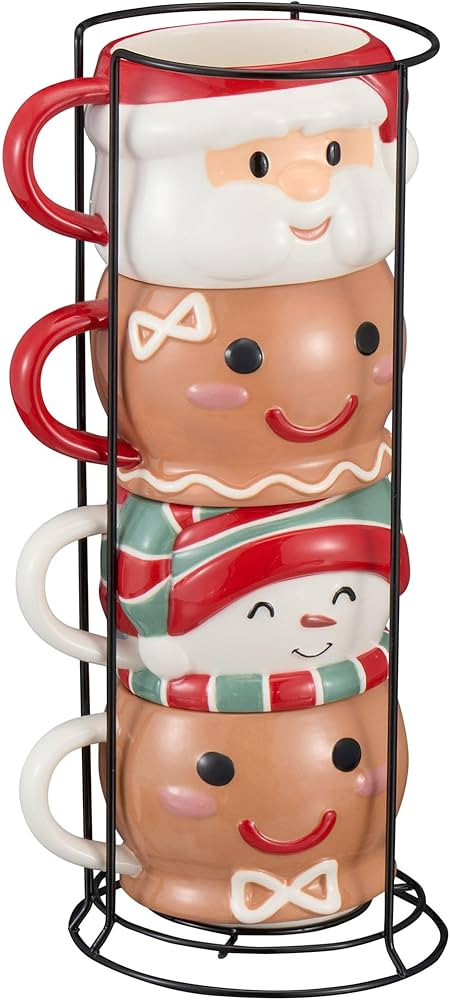 12-Ounce Christmas Ceramic Stoneware Stackable Mug Set With Metal Rack | Amazon (US)